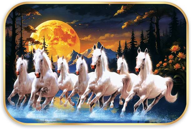Indianara Vastu Lucky Seven Running Horses for Living | Bedroom | Pooja Room | Hotel Digital Reprint 12 inch x 18 inch Painting