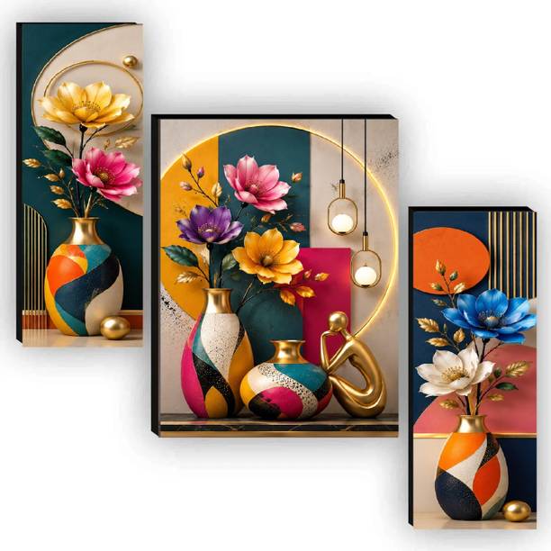 SNDArt Set Of 3 Flower Pots Wall Paintings For Living Room Gift Items Digital Reprint 12 inch x 18 inch Painting