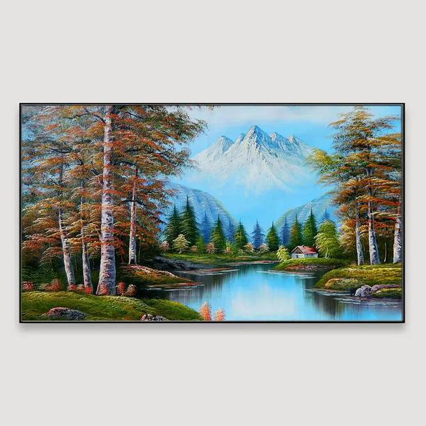 Dekorstation Big Panoramic Snowy Mountain Scenery Floating Frame Wall Decorative Painting Canvas 48 inch x 24 inch Painting
