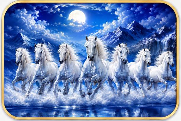 SNDArt Vastu 7 Running Horses Wall Paintings With Golden Pvc Frame For home Decor Digital Reprint 10.9 inch x 14 inch Painting