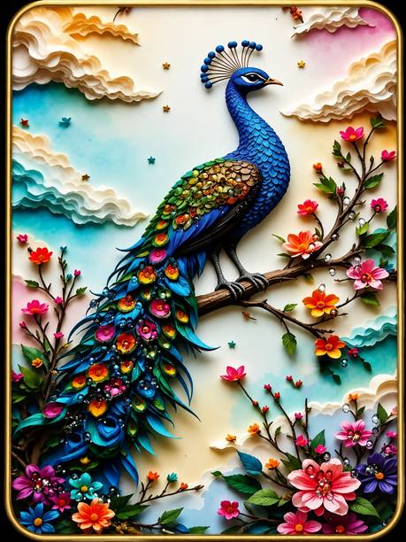 LujoLove Vastu Peacock photo Frame Crystal embedded 3D Painting 9 inch x 12 inch Painting