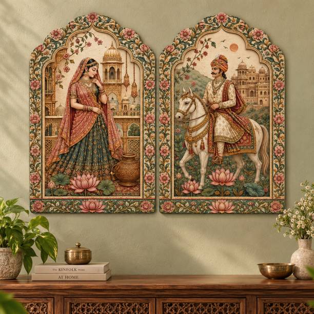 saf SAF Rajasthani Royal Couple & Horse Palace MDF Wall Painting – Set of 2 Digital Reprint 12 inch x 9 inch Painting