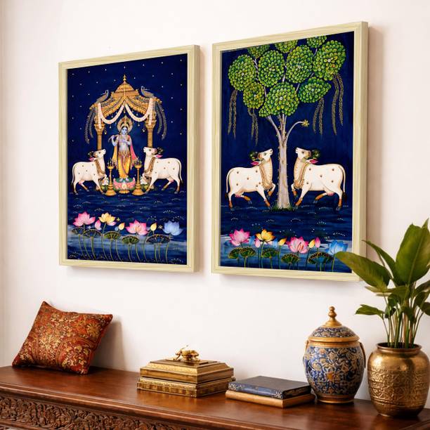 Painting Mantra Pichwai Krishna Cow Tree of Life Framed Canvas Wall Art Decor Digital Reprint 16 inch x 12 inch Painting