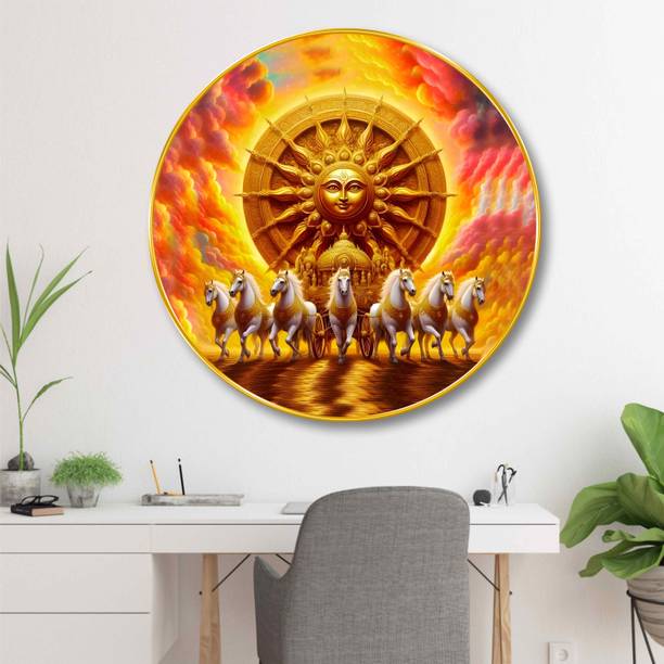 saf Surya Dev 3D Round Wall Art with Seven Horses for Home & Office Decor Digital Reprint 16 inch x 16 inch Painting