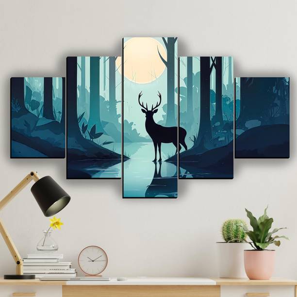 XIDLZ 5 Panel Deer scenery painting canvas for wall Digital Reprint 18 inch x 30 inch Painting