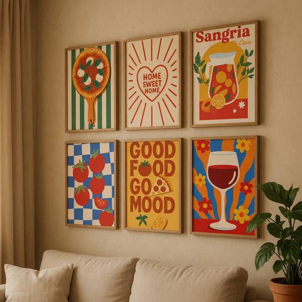 सैफ Retro Kitchen Framed Painting Set of 6 - Fun Food & Wine Wall Decor Art डिजिटल रीप्रिंट 14 inch x 11 inch पेंटिंग
