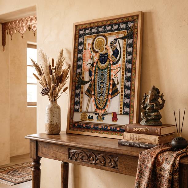 Masstone Lord Shrinathji Pichwai Wall Painting Spiritual Temple Home Decor Art Digital Reprint 19.5 inch x 13.5 inch Painting
