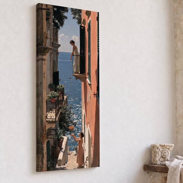 soulabiti Mediterranean Balcony View Stretched Canvas Print Digital Reprint 63 inch x 27 inch Painting