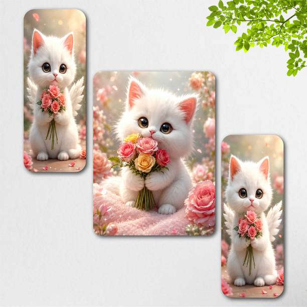 saf Cute White Kitten Rose UV Textured MDF Wall Painting Set of 3 Digital Reprint 12 inch x 18 inch Painting