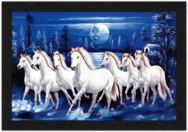 GetDecor Vaastu Seven Horses Running In Blue Moon Light Painting With Synthetic Frame Digital Reprint 14 inch x 20 inch Painting
