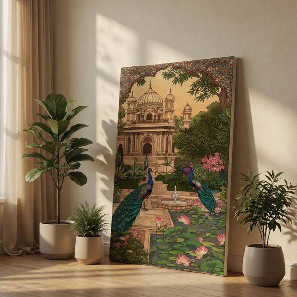 सैफ Traditional Indian Palace & Peacocks Canvas Wall Art Print कैनवास 30 inch x 20 inch पेंटिंग
