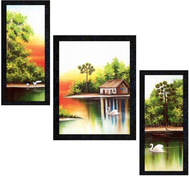 पोस्टर न फ्रेमः Landscape Scenery Set of 3 with Acrylic Sheet (Glass) painting-1606 डिजिटल रीप्रिंट 13.5 inch x 10.5 inch पेंटिंग