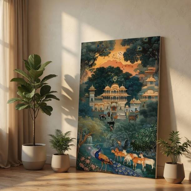 saf Traditional Pichwai Royal Palace & Peacock Canvas Wall Art Print Canvas 30 inch x 20 inch Painting