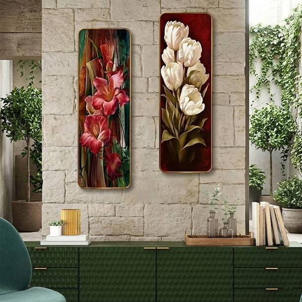 Iya Creations Elegant White & Pink Flower Decorative Panel Wooden Wall Art (Set of 2) Digital Reprint 18 inch x 12 inch Painting