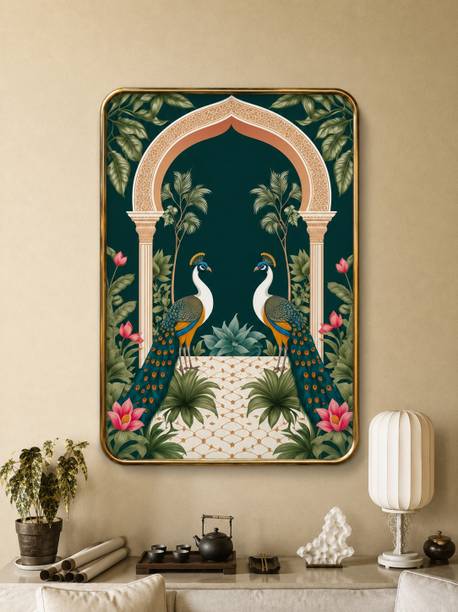 Iya Creations Iya Creations Traditional Indian Pichwai Style Double Peacock UV Laminated Digital Reprint 18 inch x 12 inch Painting