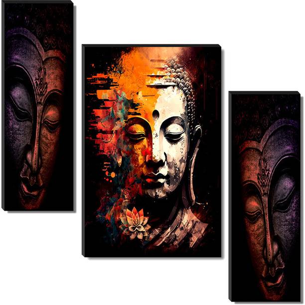 saf Set of 3 Lord Buddha Religious UV Textured Painting Digital Reprint 18 inch x 12 inch Painting