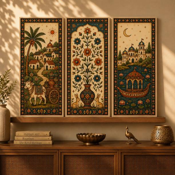 shrisanwariya Set of 3 Traditional Rajasthani Folk Art Wall Frames – 10 × 19 Inches Digital Reprint 19 inch x 10 inch Painting