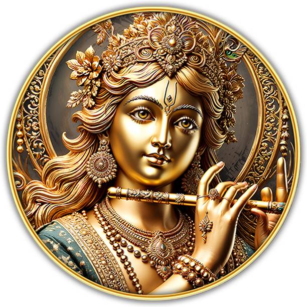 Poster N Frames Krishna Wall Painting with golden frame Round Wall Art-m-536 Digital Reprint 12 inch x 12 inch Painting
