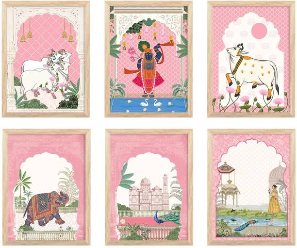 Framed With Love Pastel Pink Pichwai Shrinathji & Kamdhenu Cow Wall Art Frame Set of 6 Digital Reprint 13 inch x 10 inch Painting