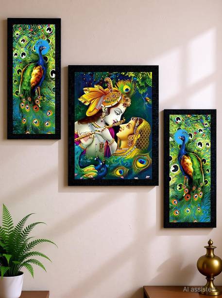 Poster N Frames Love Couple Radha Krishna Set of 3 with Acrylic Sheet (Glass) pa