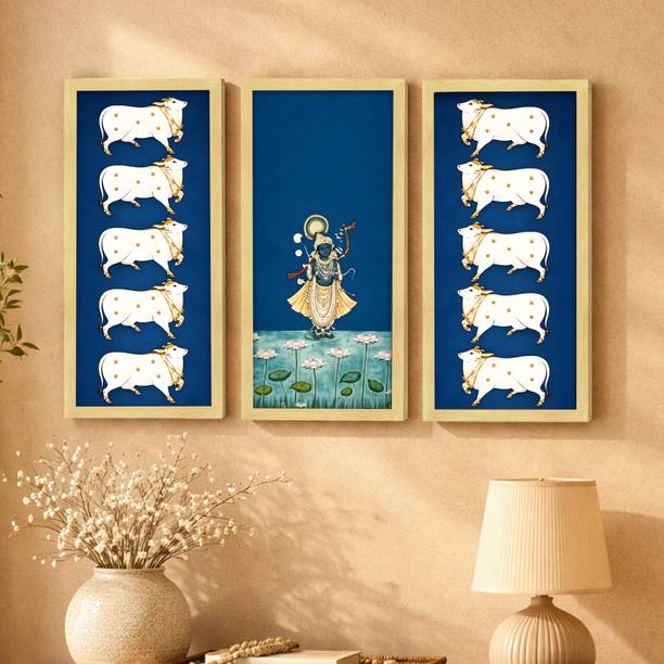 Painting Mantra Shrinathji Pichwai Set of 3 Framed Posters For Living Room Krishna Cow Wall Art Digital Reprint 19 inch x 9 inch Painting