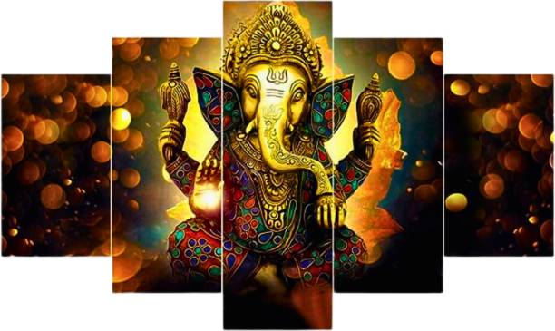 Masstone Lord Ganesha Art Print Religious 5 Panel Self Adhesive MDF Painting Digital Reprint 17 inch x 30 inch Painting
