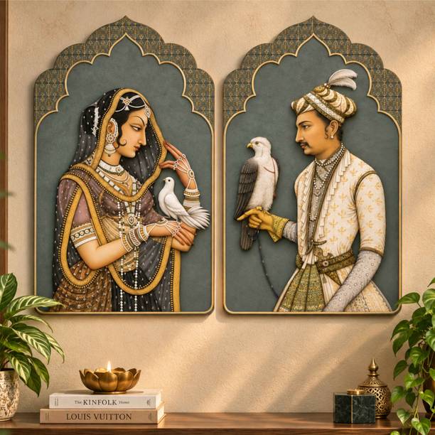 saf SAF Mughal Prince, Princess & Birds MDF Wall Painting – Set of 2 Digital Reprint 12 inch x 9 inch Painting
