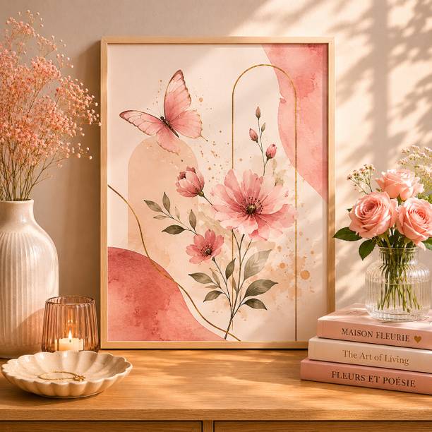 shrisanwariya Blush Butterfly Floral Wall Art A4 Acrylic 13 inch x 10 inch Painting