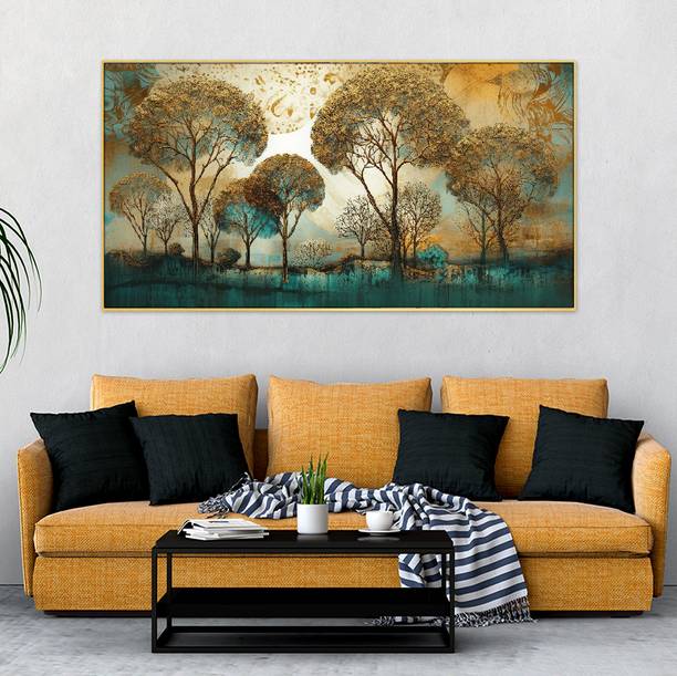Dekorstation Abstract Gold and Blue Tree Landscape Floating Frame Canvas Wall Painting Canvas 24 inch x 48 inch Painting