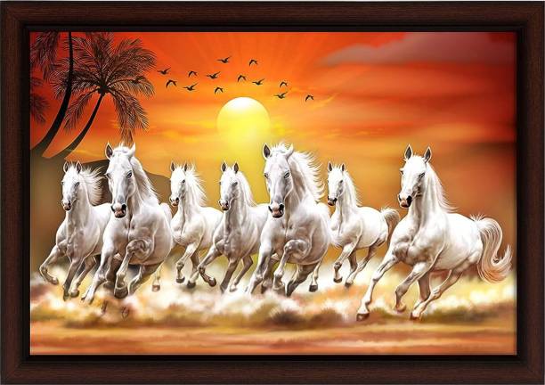 Masstone Lucky Seven Running Horses Vastu UV Matt Textured Framed Digital Reprint 14 inch x 20 inch Painting