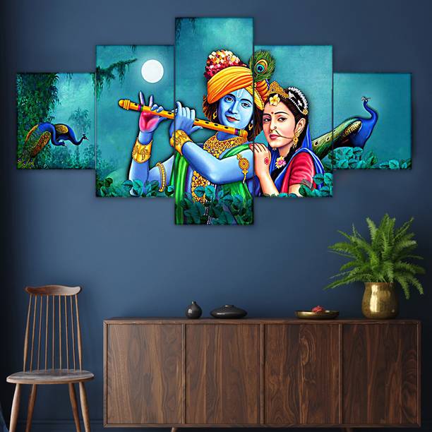 SUFFICE Krishna 3D wall painting scenery for home decoration-set of 5 framed(75X43 cms) Digital Reprint 17 inch x 30 inch Painting With Frame, Pack of