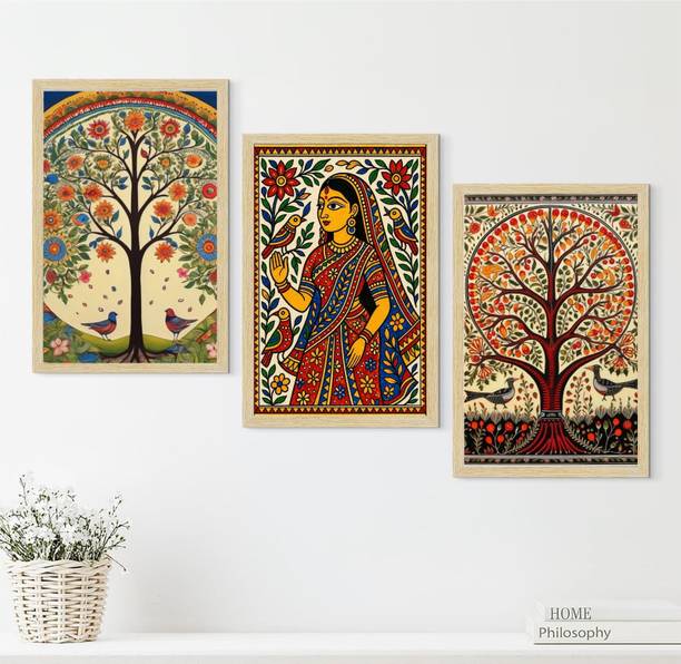 DREAMSWALL Madhubani Folk Art Tree of Life & Woman Wall Painting Set Digital Reprint 12 inch x 8 inch Painting