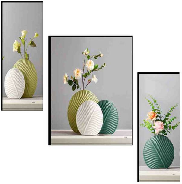 WALLSTOXX Set Of 3 Flower Pot Self Adhesive 12 Inch X 18 Inch MDF Wall Art Painting Digital Reprint 18 inch x 12 inch Painting