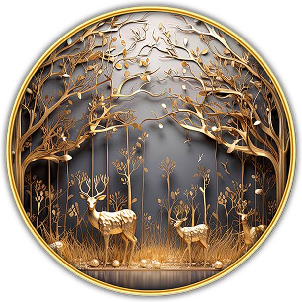Poster N Frames Scenery Landscape Wall Painting with golden frame Round Wall Art-36400 Digital Reprint 12 inch x 12 inch Painting