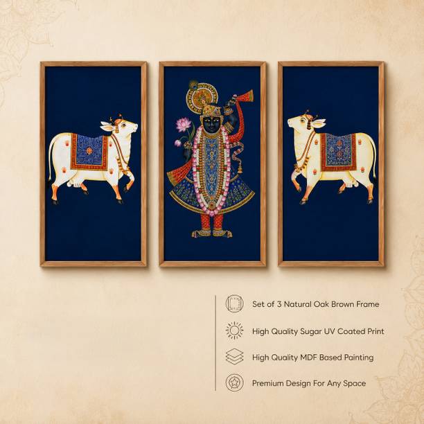 saf Set of 3 Shrinathji Cow Pichwai Paintings Sparkle Laminate Frame Digital Reprint 21 inch x 11 inch Painting
