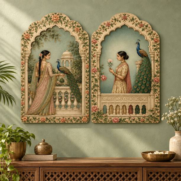 saf SAF Royal Rajasthani Women & Peacock Palace MDF Wall Painting – Set of 2 Digital Reprint 12 inch x 9 inch Painting