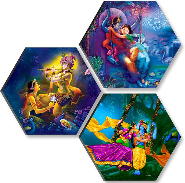saf 17 inch Radha Krishna Set OF 3 Hexagon UV Textured Self adhesive Wall Painting Self Adhesive Sticker