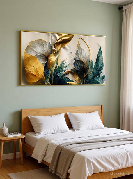Dekorstation Abstract Elegant Golden Canvas Floral Framed Painting for Wall Decoration Canvas 24 inch x 48 inch Painting