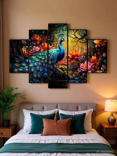 SNDArt Set Of 5 Peacock Wall Paintings For Living Room Digital Reprint 18 inch x 30 inch Painting