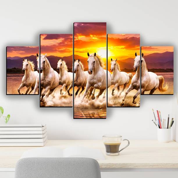 XIDLZ 5 Panel Seven Running Horses Home decor scenery painting for wall Digital Reprint 18 inch x 30 inch Painting