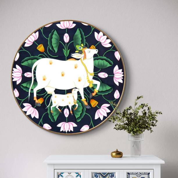 saf Large Round Pichwai Cow Wall Painting with golden frame Vinyl Sparkle laminated Digital Reprint 16 inch x 16 inch Painting