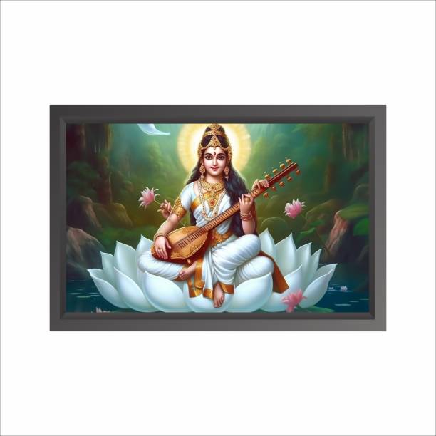 Euonia Decors Saraswati Maa Framed Wall Painting -12 X 18 Inch for Pooja Room Digital Reprint 18 inch x 12 inch Painting