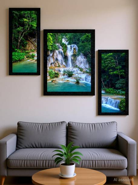 pnf Set Of 3 Vastu Waterfall Landscape Scenery framed-1705- Digital Reprint 14 inch x 22 inch Painting