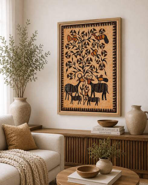 Masstone Madhubani Tree of Life Deer Folk Art Wall Painting Indian Home Decor Digital Reprint 19.5 inch x 13.5 inch Painting