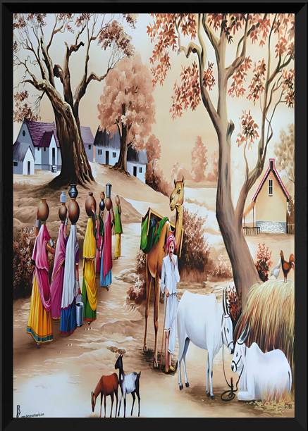 JBartcreation Traditional Indian Village Life Wall Painting Digital Reprint 12 inch x 8 inch Painting