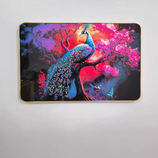 Masstone Peacock Colorful Crystal Embedded High Gloss Surface Gold Slim Frame Embossed 12 inch x 18 inch Painting