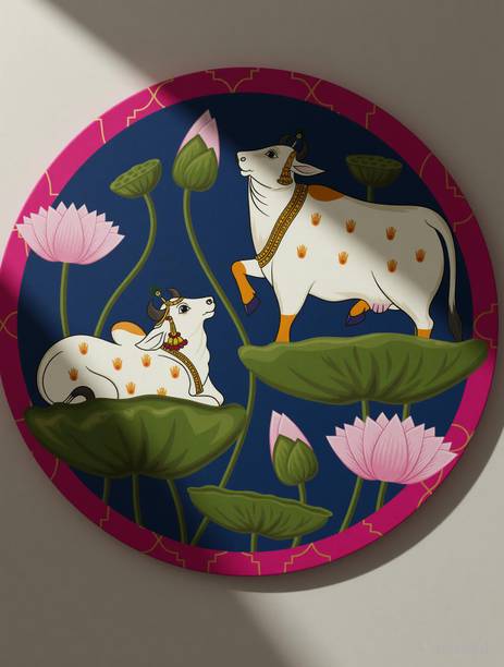 Indianara Set of 2 Pichwai Round Shape Wall Painting for living room/Home/Bedroom/Office Digital Reprint 12 inch x 12 inch Painting