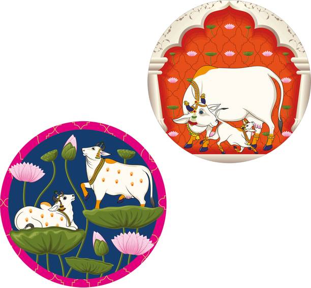 Indianara Set of 2 Pichwai Round Shape Wall Painting for living room/Home/Bedroom/Office Digital Reprint 12 inch x 12 inch Painting