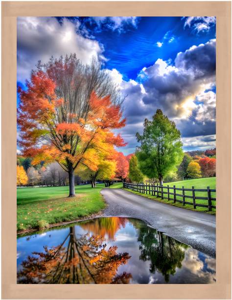 WALL PROFILE Wall Profile "Rural Fall Scene with Puddle Bridge Wall Art" 3D Painting 11 inch x 14 inch Painting