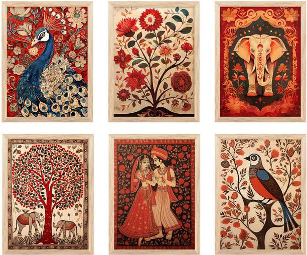 Artifly Set of 6 Framed madhubani art Paintings for Living Room and wall decor P-06 Digital Reprint 13 inch x 10 inch Painting